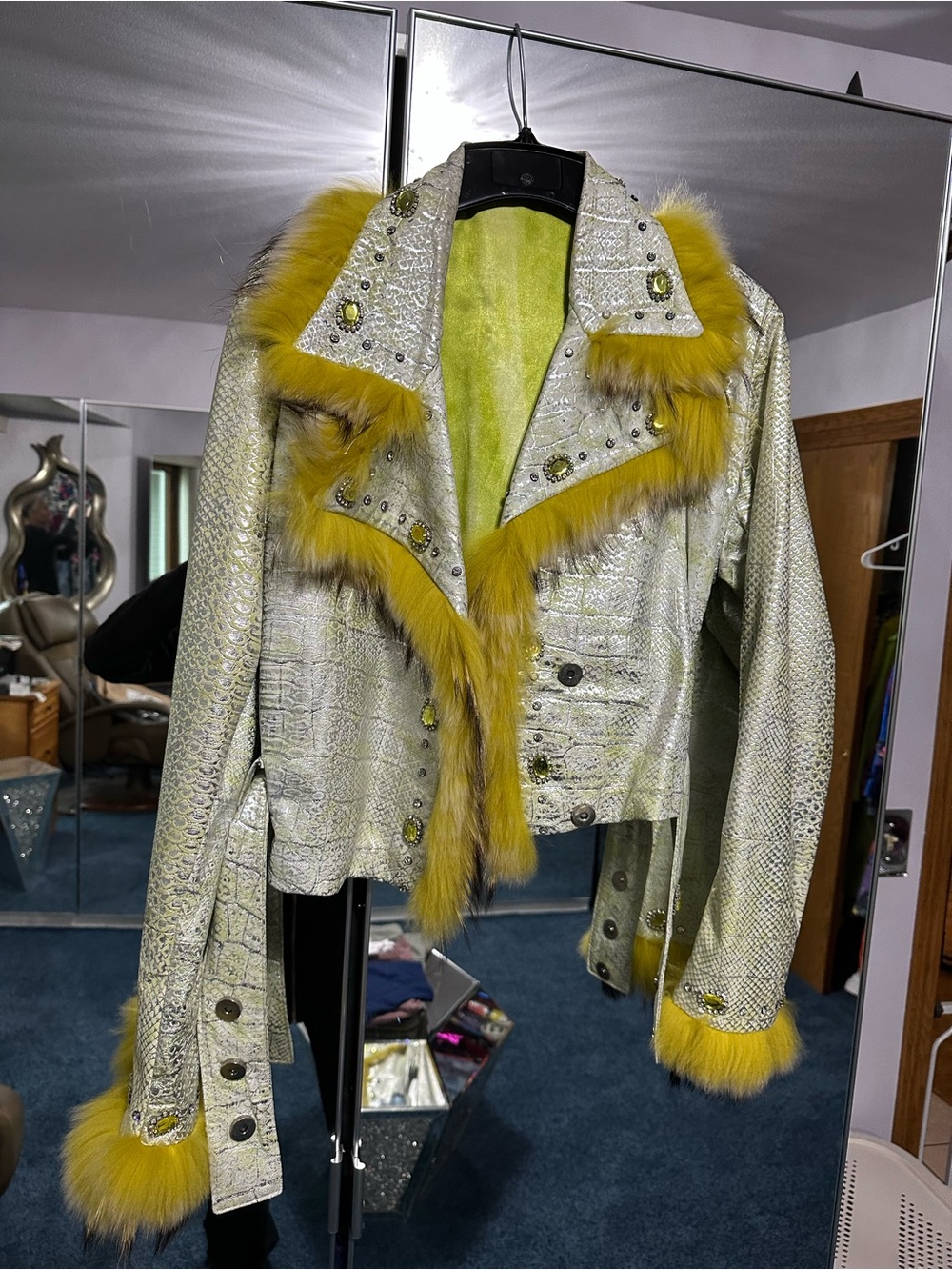 Saga Furs Metallic lime/yellow Jacket with Yellow /black fur Trim Real Leather